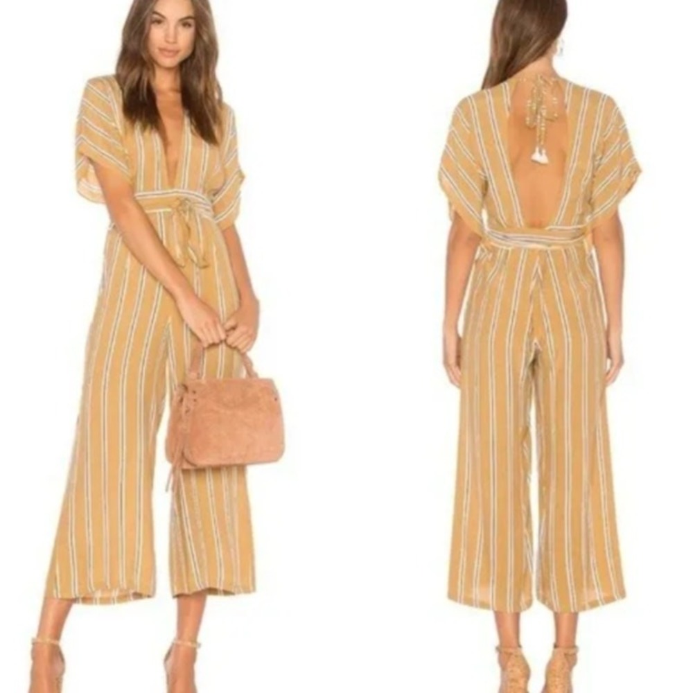 FAITHFULL THE BRAND Striped Wide Leg Jumpsuit Tan White Cedric Tie Back‎ Small